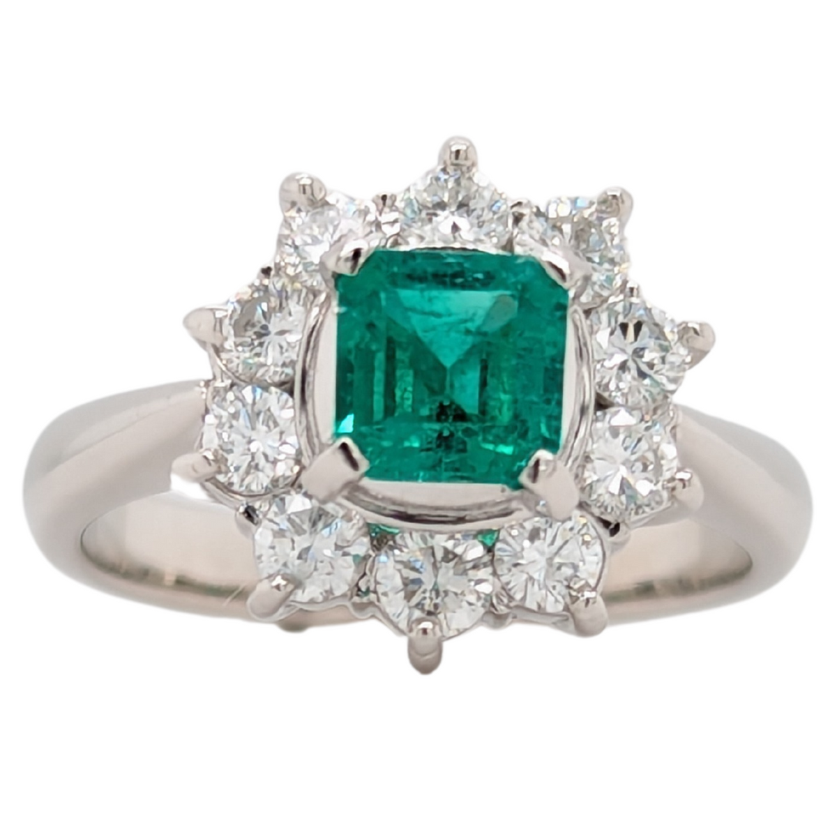 Platinum Square Emerald & Diamond Ring
