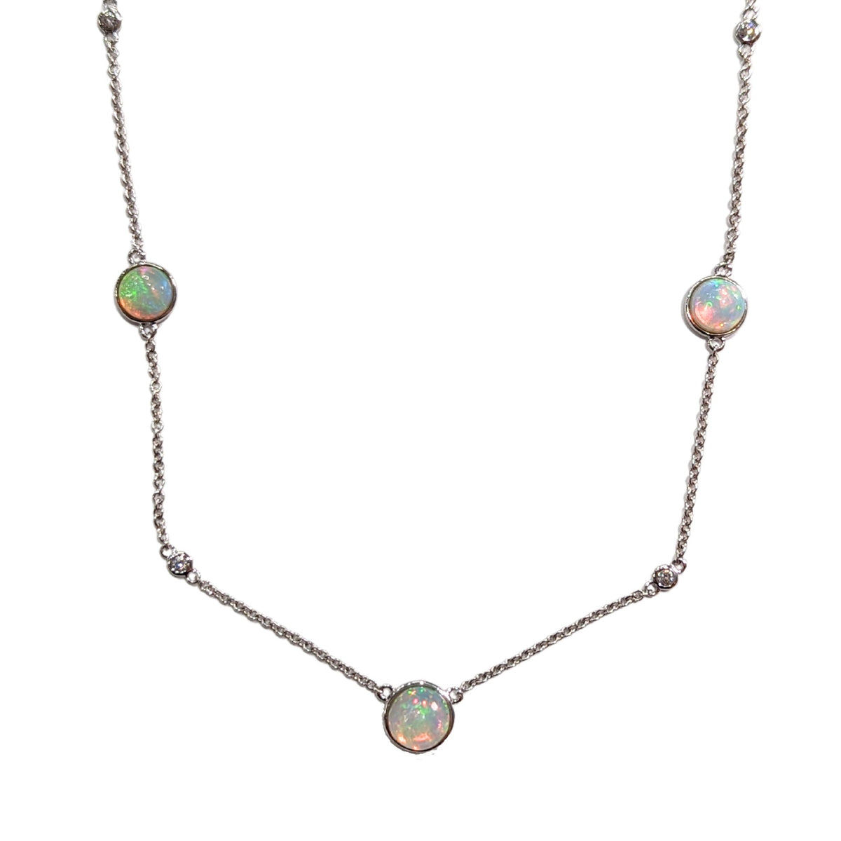 14K White Gold Opal with Diamond Station Necklace