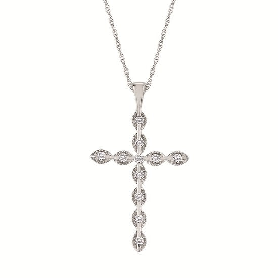 14K White Gold Diamond Milgrain Cross Necklace .15CTW