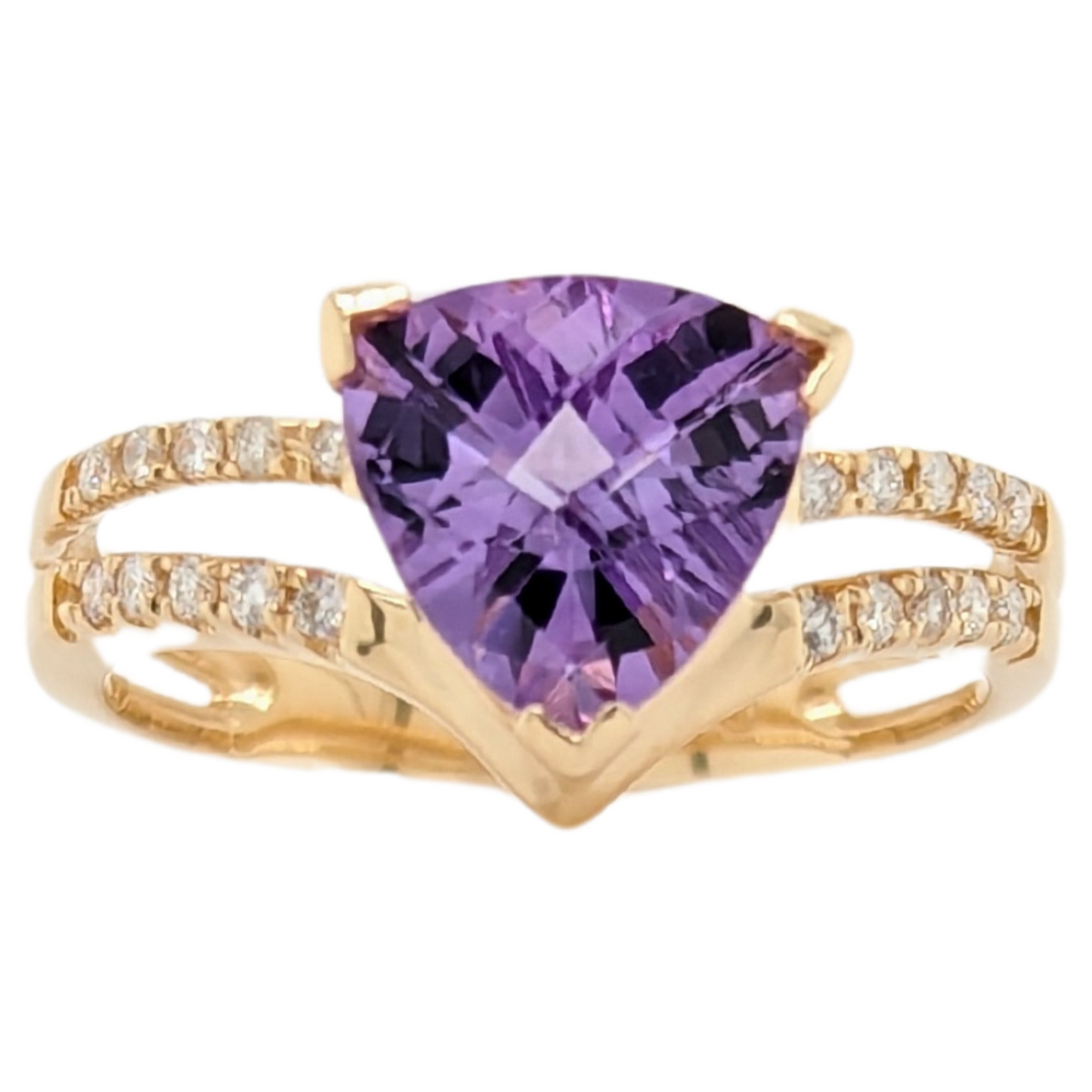 14K Yellow Gold Double V Style Trillian Amethyst Ring