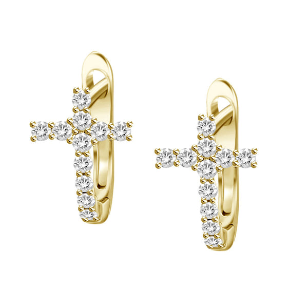 18K Yellow Gold Diamond Cross Huggies