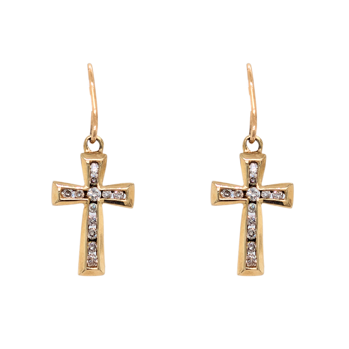 Estate: 10K Yellow Gold Diamond Cross Dangle Earrings