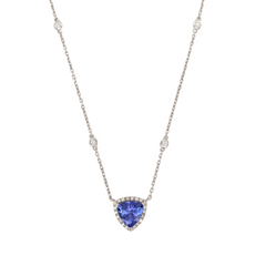 14K White Trillian Tanzanite Necklace with Halo and Stations