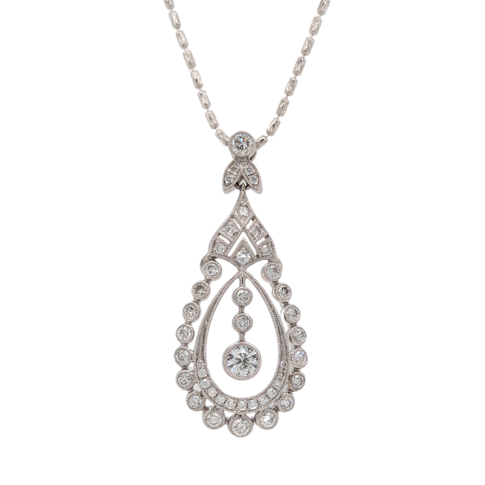 18K White Gold Vintage Style Diamond Milgrain Teardrop Necklace