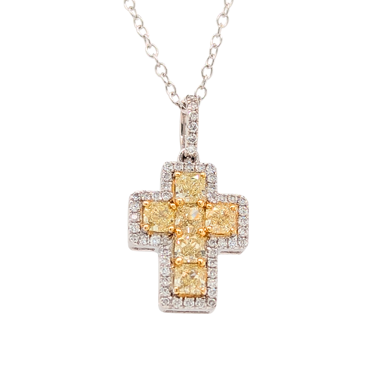 14K Gold Natural Yellow Cushion Cut Diamond Petite Cross Necklace with Silver Chain