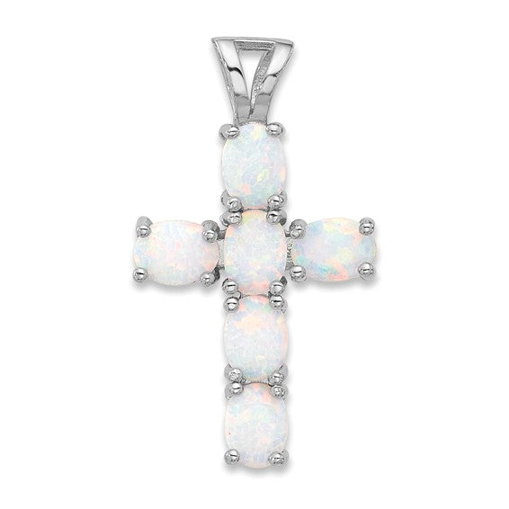 Sterling Silver Created Opal Cross Necklace