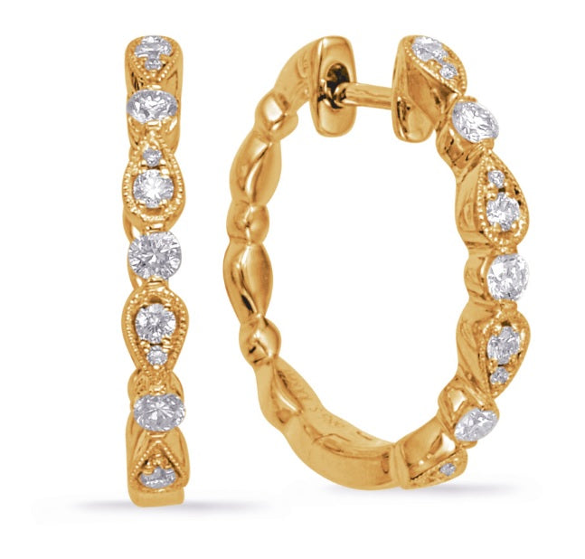14K Yellow Gold Diamond Hoop Earrings with Milgrain