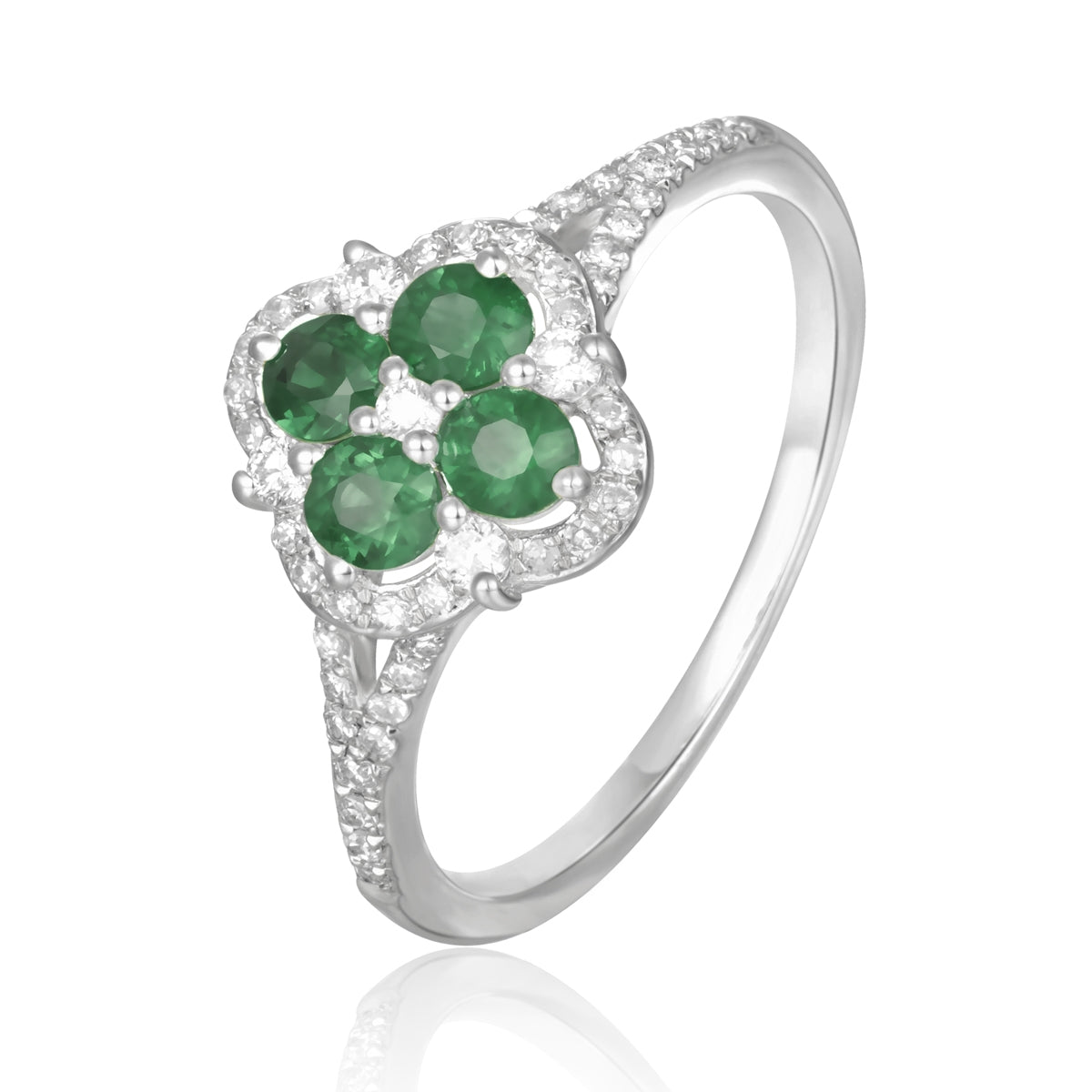 14K White Gold Diamond & Emerald Clover Ring