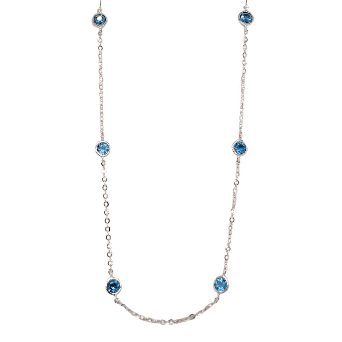 14K White Gold Blue Topaz Station Necklace 18"