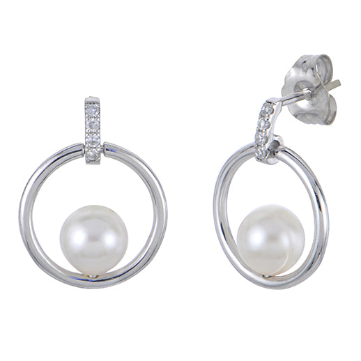 14K White Gold Akoya Pearl Diamond Circle Earrings