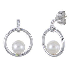 14K White Gold Akoya Pearl Diamond Circle Earrings