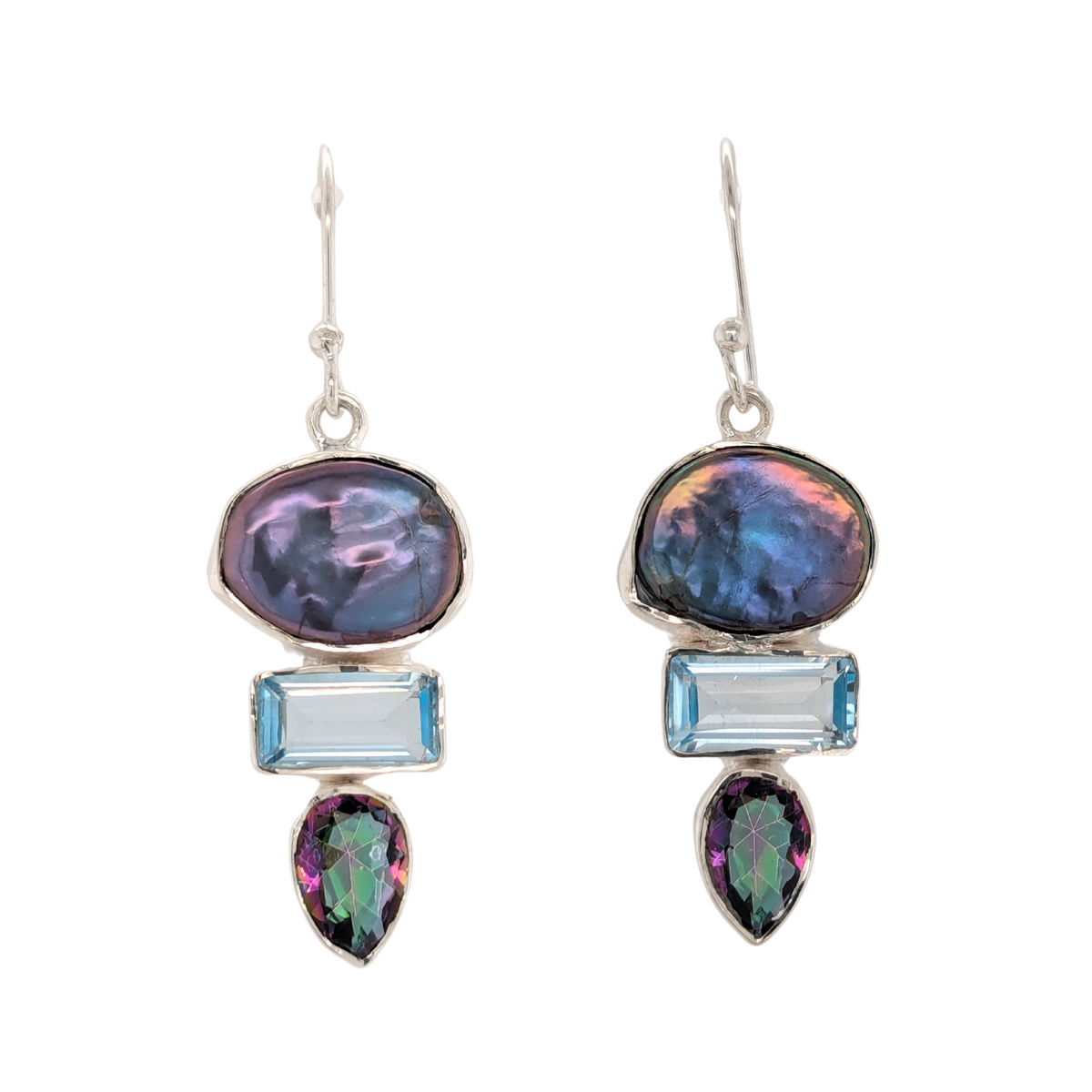 Sterling Silver Pearl, Blue Topaz and Mystic Topaz Earrings