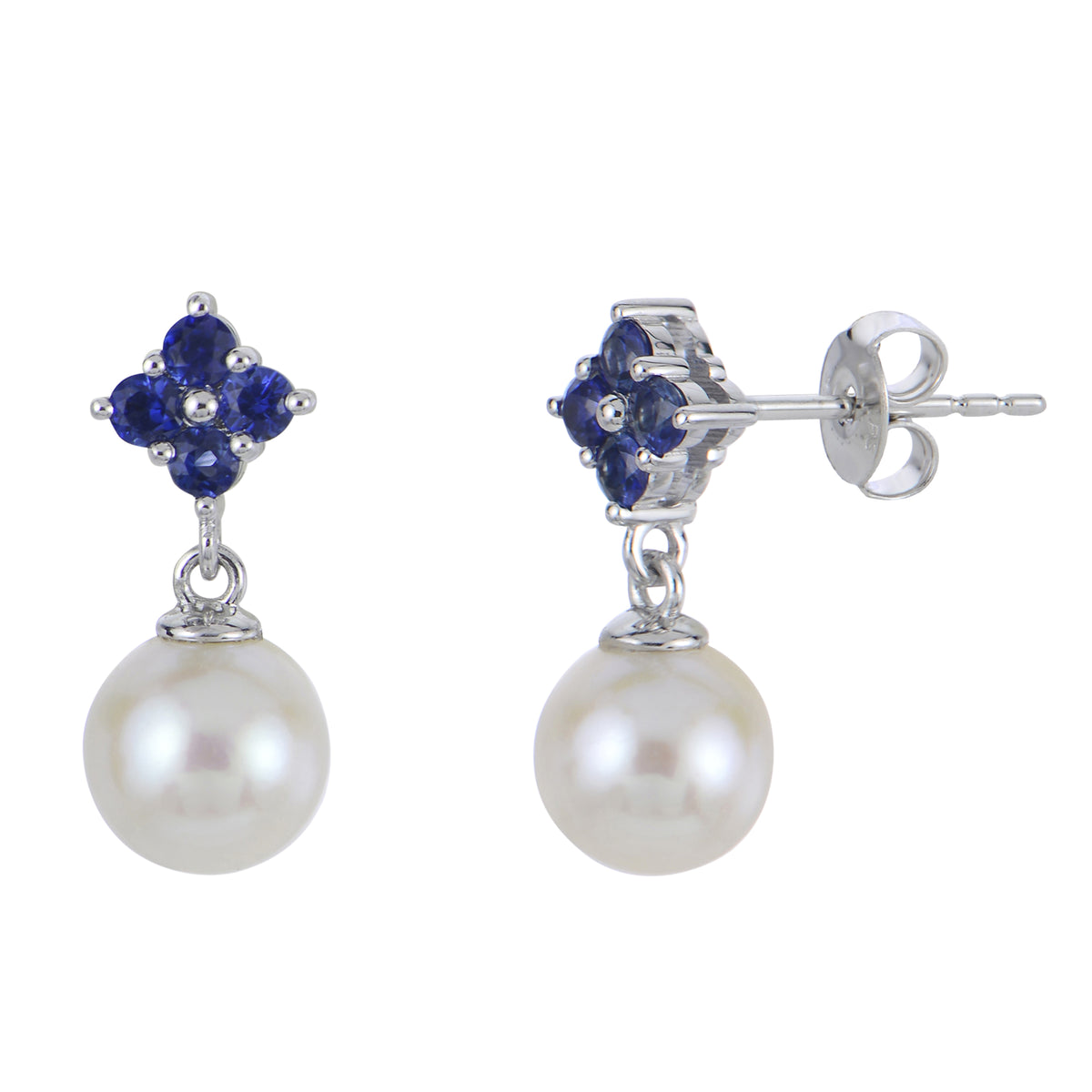 14K White Gold Freshwater Cultured Pearl Earrings with Blue Sapphires