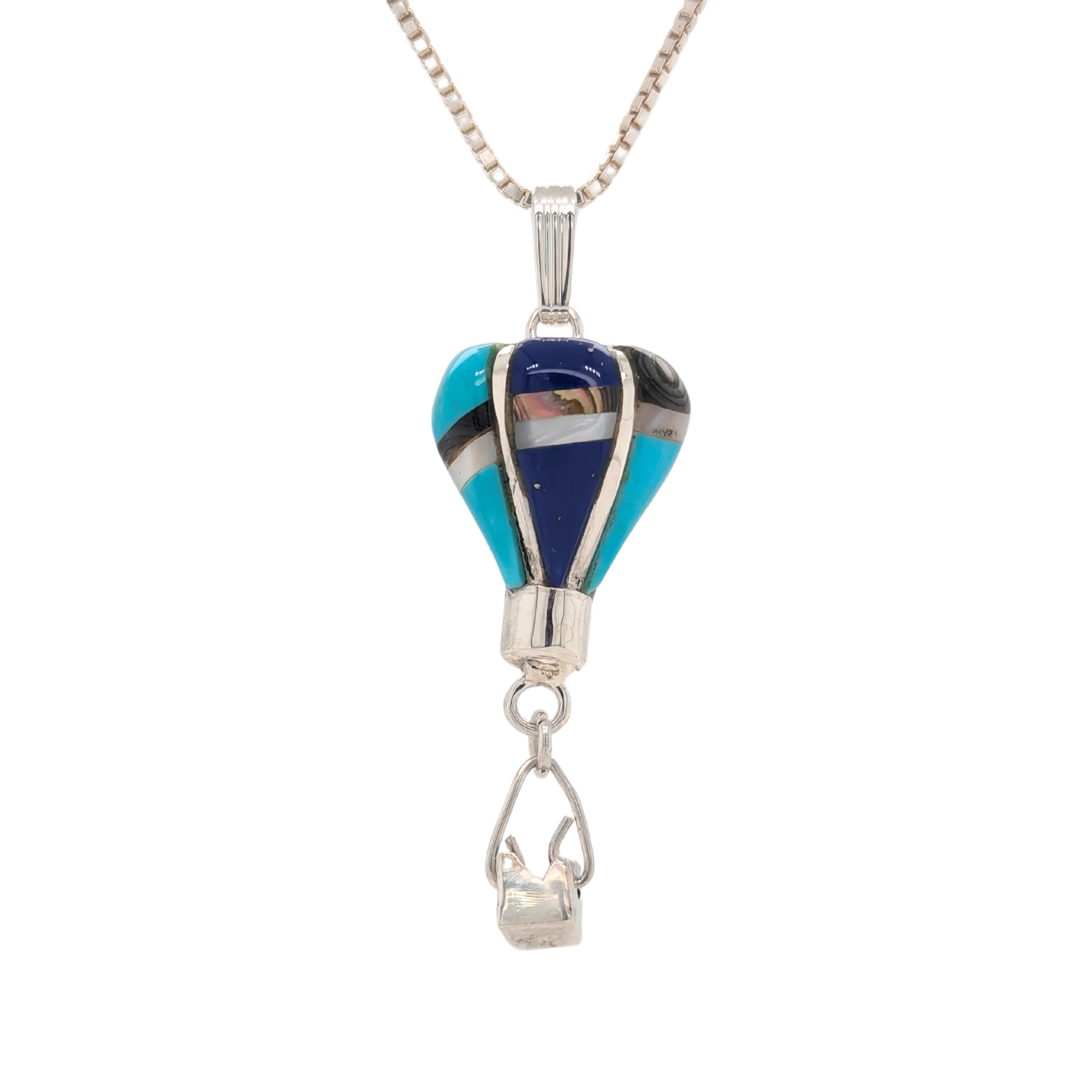 Estate: Sterling Silver Multi-Gem Inlay Hot Air Balloon Necklace