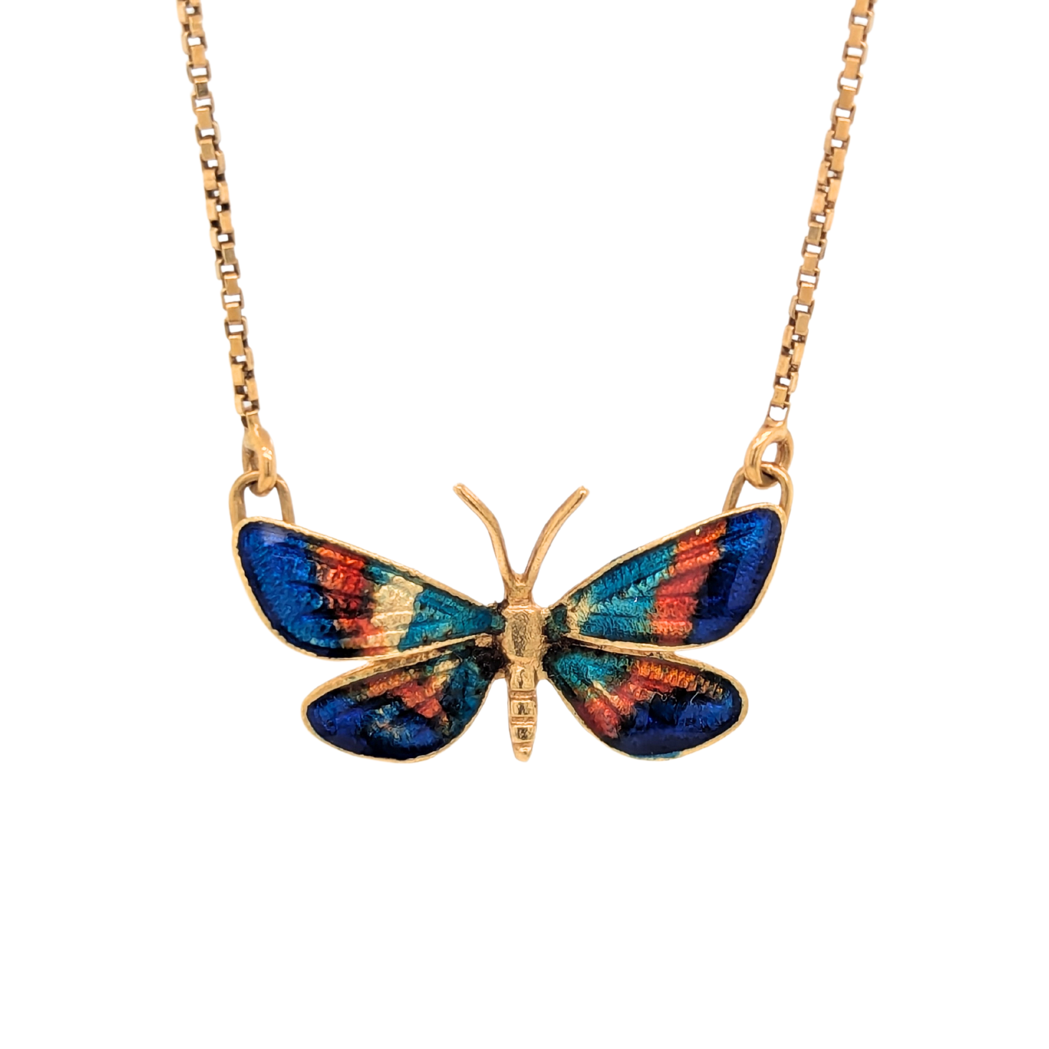 Estate: 18K Yellow Gold Butterfly Enamel Necklace