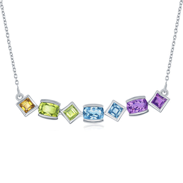 Sterlling Silver Bezel Multi- Shape Multi-Gemstone Necklace