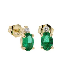 14K Yellow Gold Oval Emerald Stud Earring with Diamonds