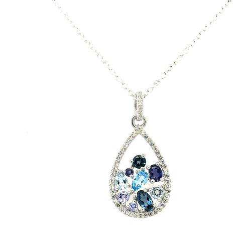 Sterling Silver Multi-Gem Blue Sprinkle Necklace with White Topaz