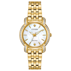 Citizen Eco Drive Jolie Gold Tone Watch with Mother of Pearl and Diamond EM0692-54D