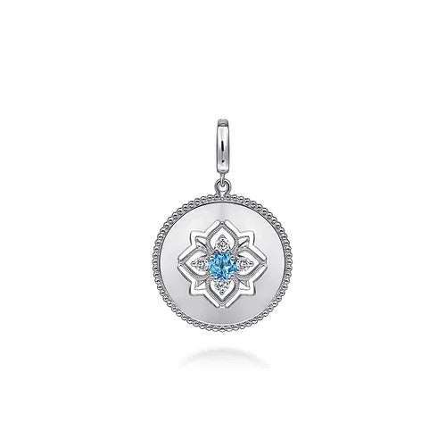 Sterling Silver Blue Topaz and White Sapphire Bujukan Medallion Pendant in size 24mm