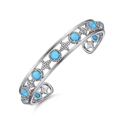 Sterling Silver Rock Crystal and Turquoise Station Cuff