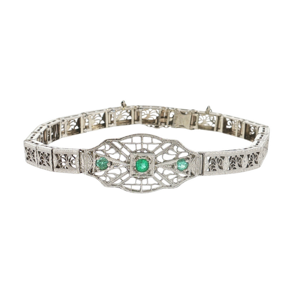 14KW VINTAGE EMERALD FILIGREE BRACELET