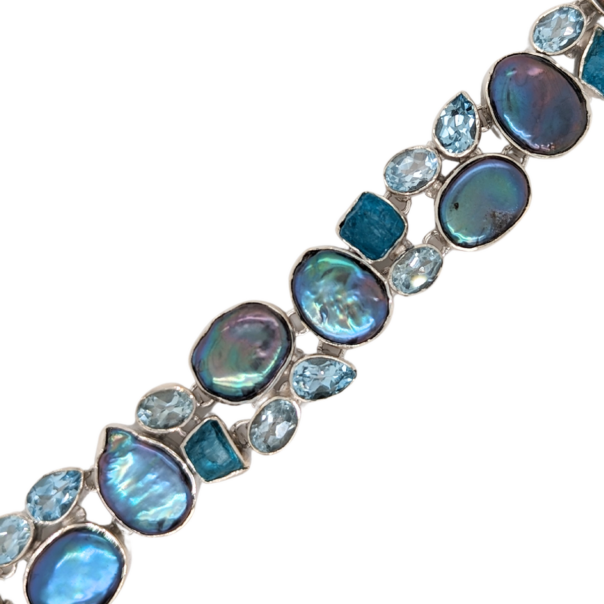 Sterling Silver Blue Apatite, Pearl, and Blue Topaz Bracelet