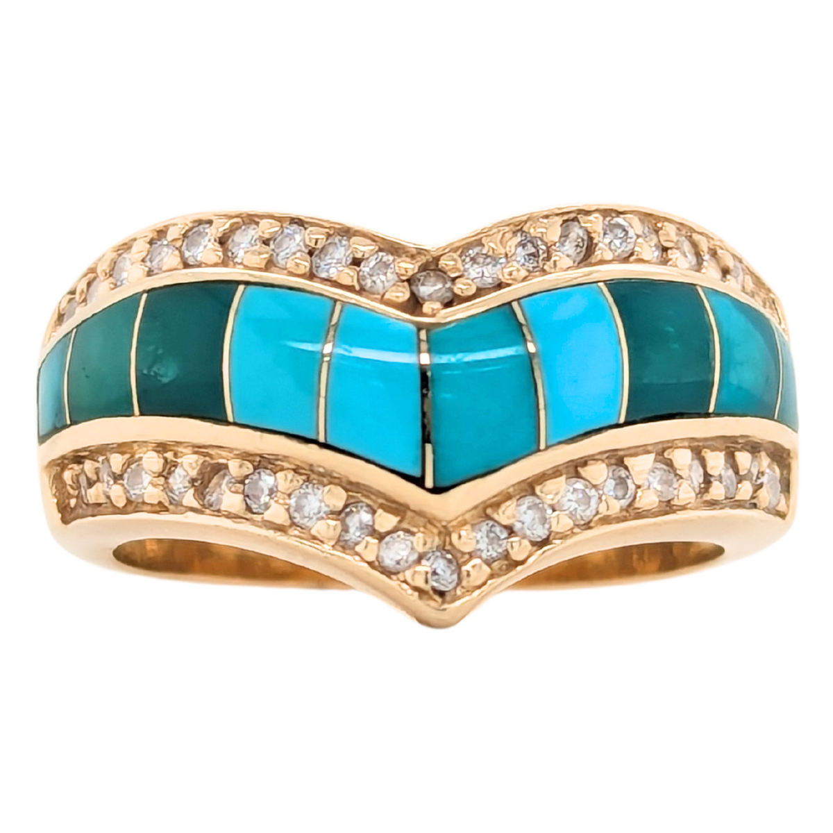 Estate: 14K Yellow Gold Turquoise & Diamond V Ring