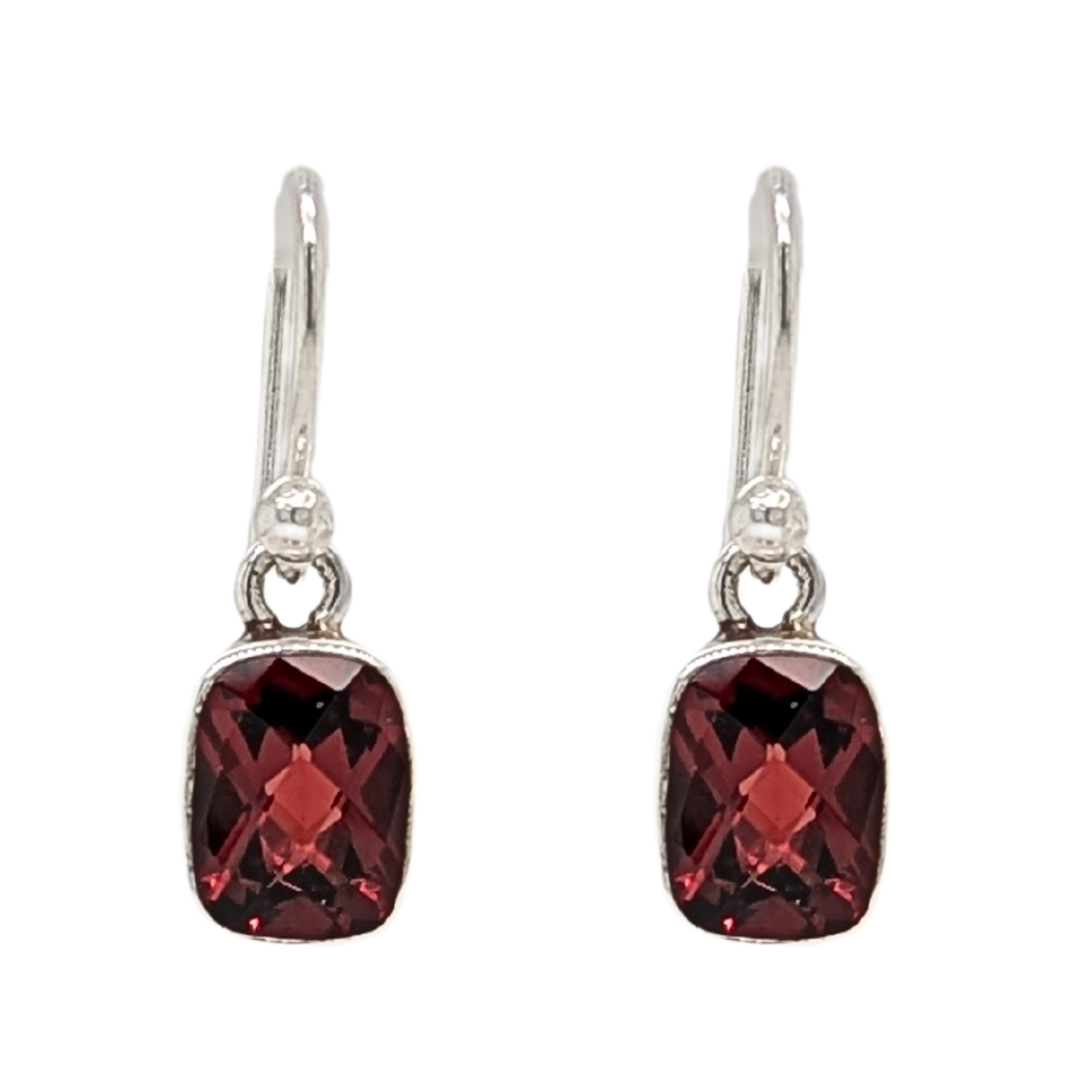 Sterling Silver Cushion Cut Garnet Dangle Earrings