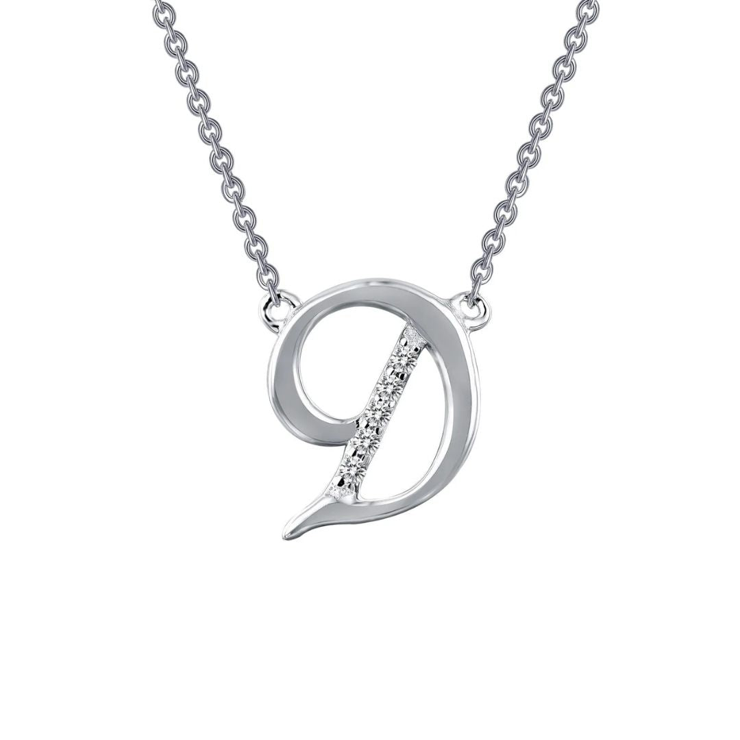 Sterling Silver Initial "D" Script Necklace With Simulated Diamonds