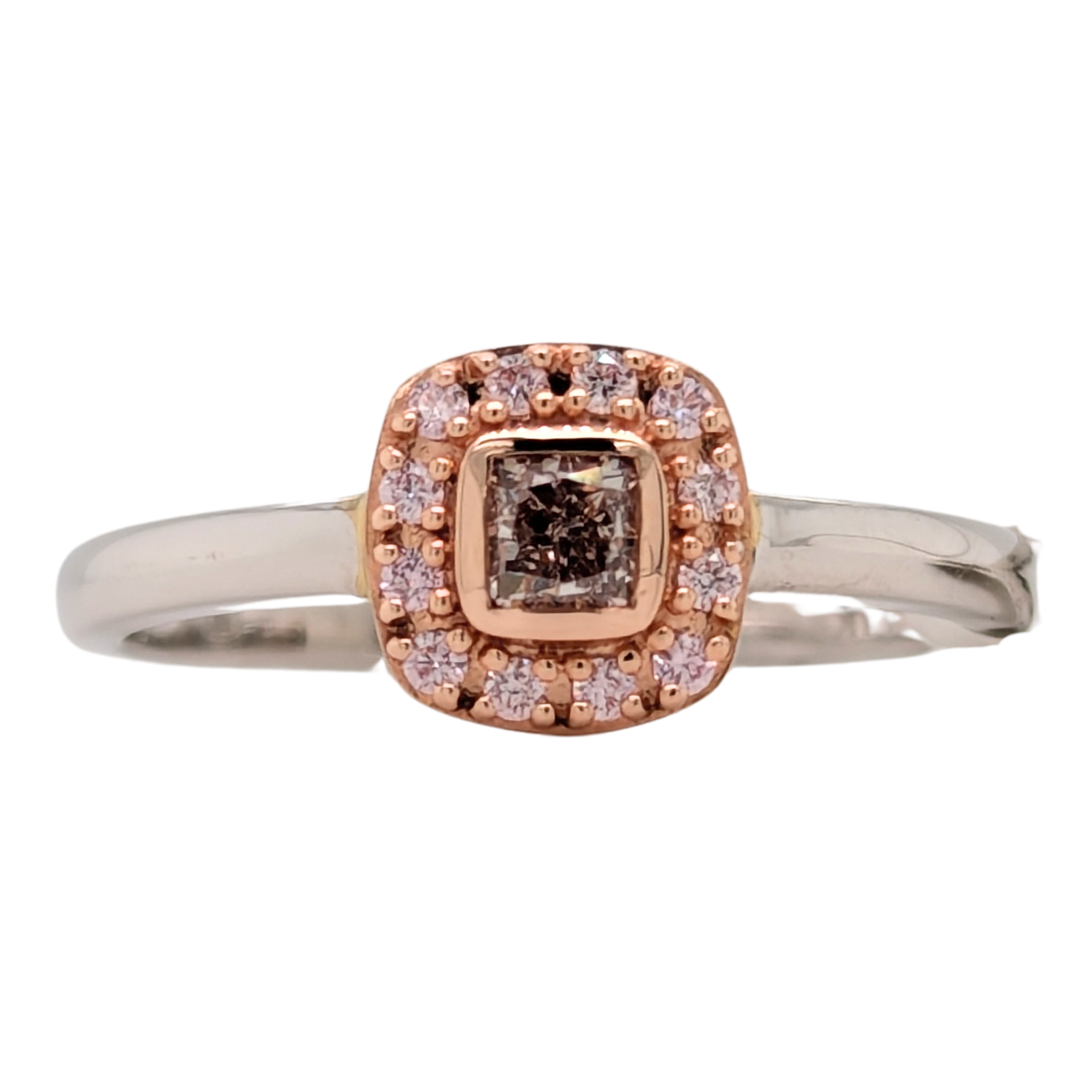 14K Two Tone Cushion Cut Pink Diamond Halo Ring