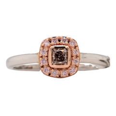 14K Two Tone Cushion Cut Pink Diamond Halo Ring