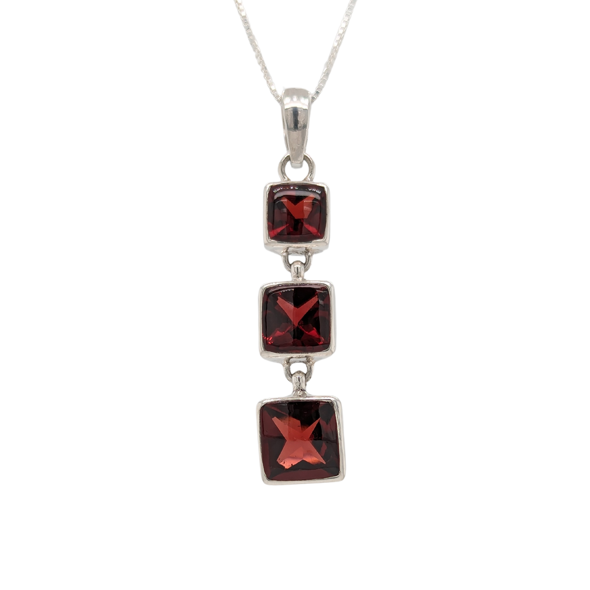 Sterling Silver Triple Garnet Drop Necklace with Chain