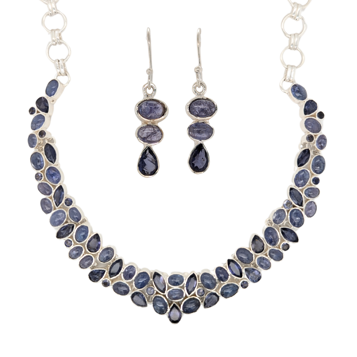 Sterling Silver Tanzanite Statement Necklace with Matching Earrings