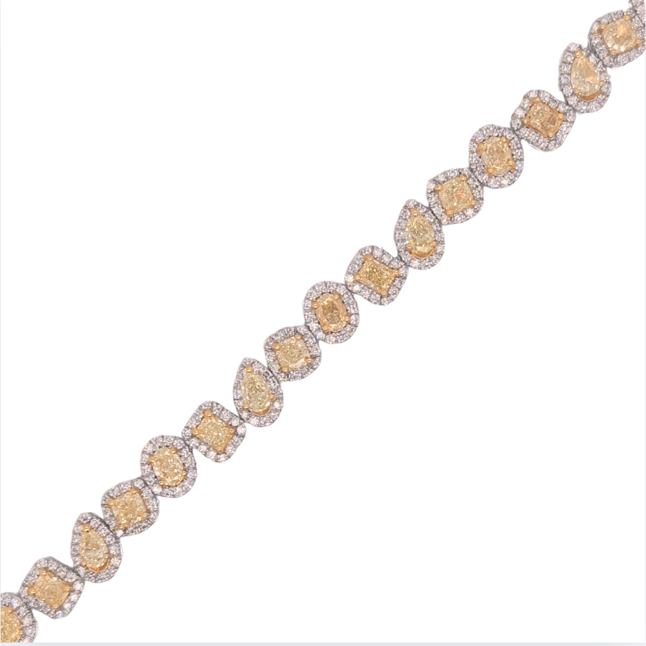 14K White Gold 6.16CTW Natural Yellow & White Diamond Mixed Shape Halo Bracelet 7in