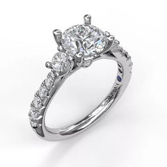 14K White Three Stone With Pave Engagement Ring
