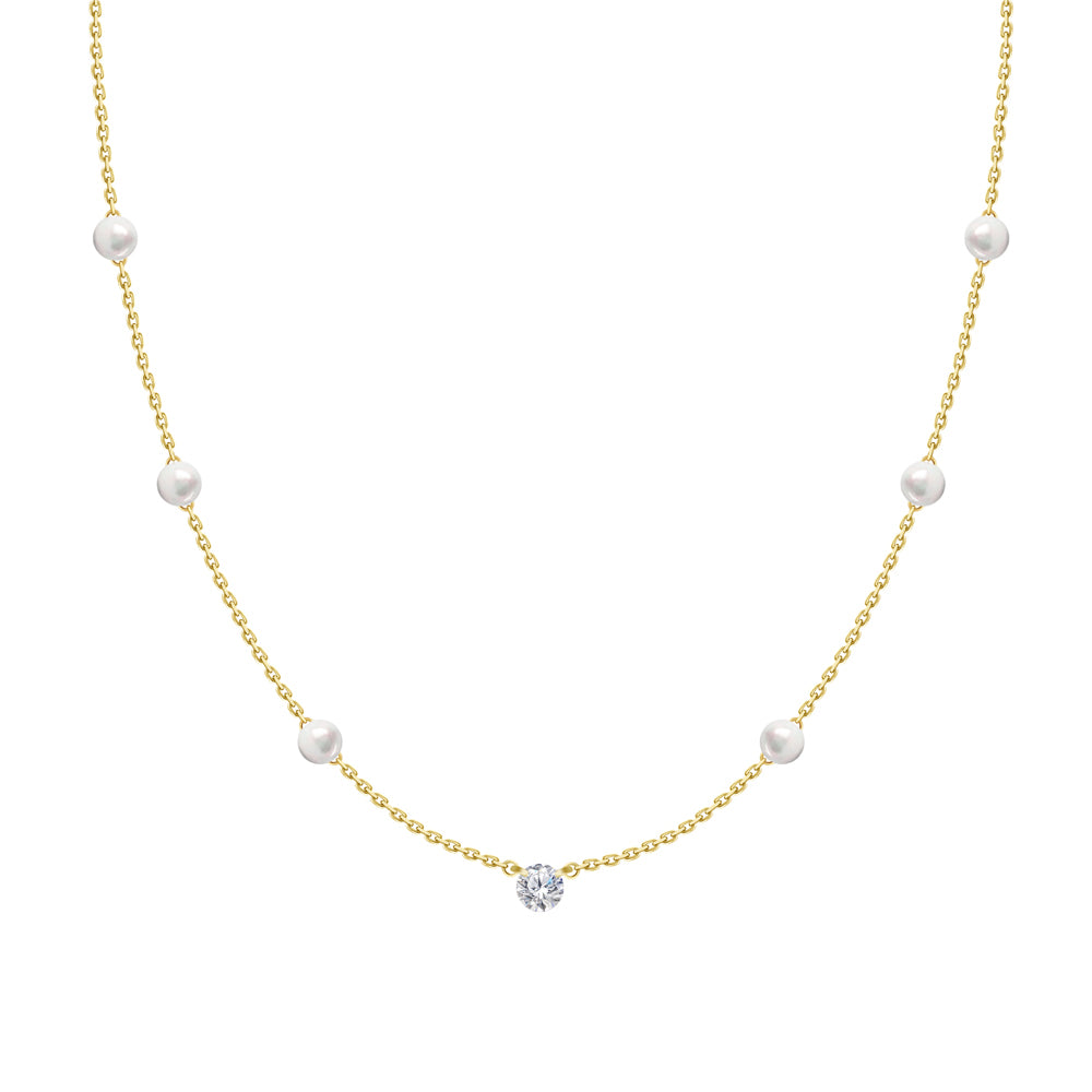 18K Yellow Gold Diamond & Pearl Station Necklace