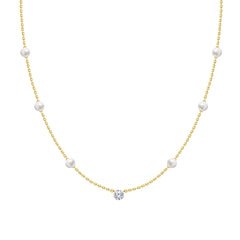 18K Yellow Gold Diamond & Pearl Station Necklace