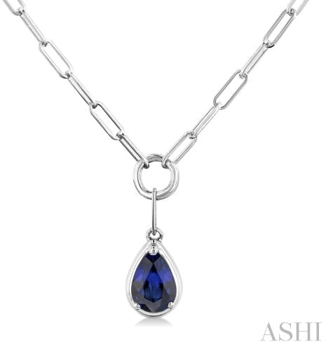 10K White Gold Chain with Pear Shape Sapphire Pendant