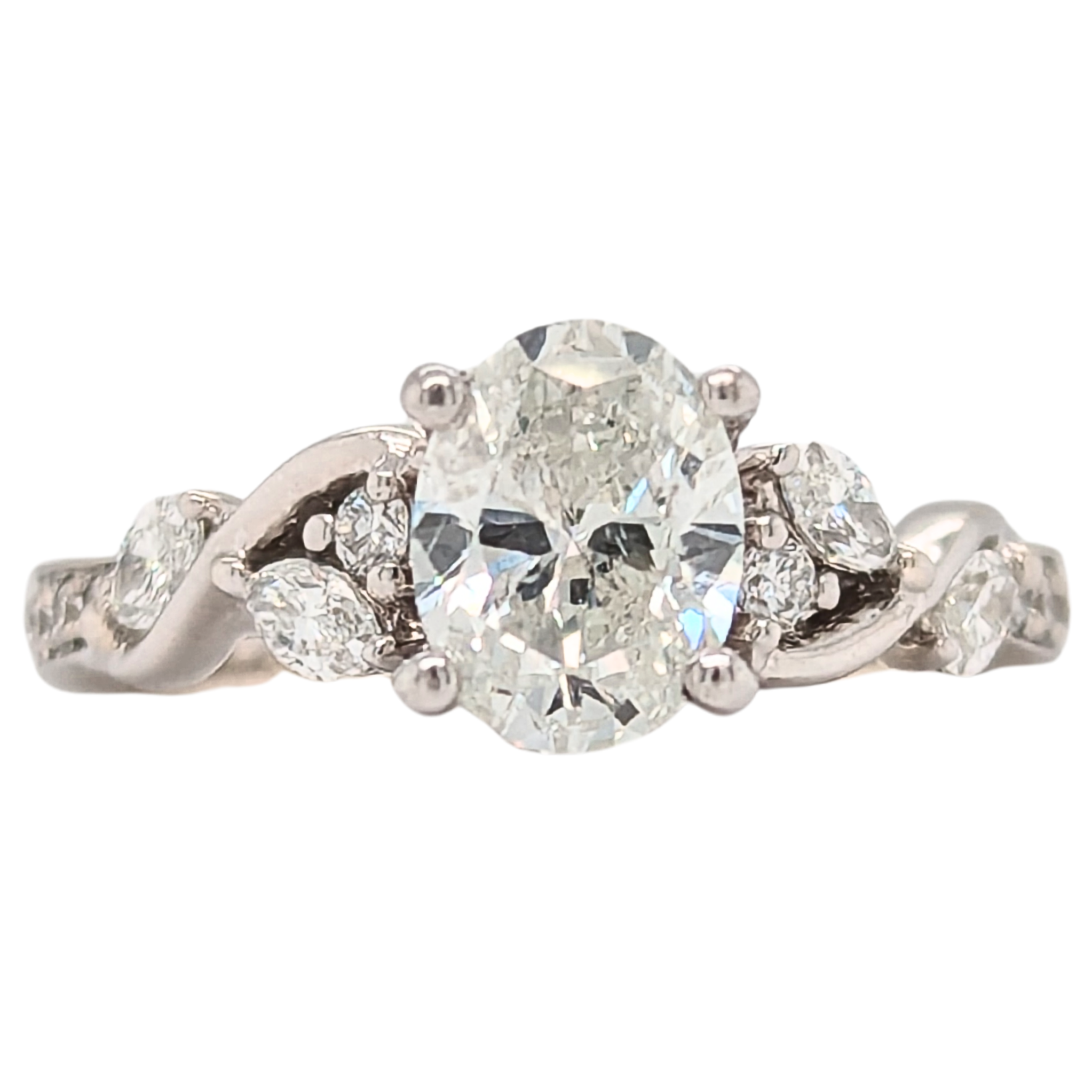 Estate: 14K White Gold Oval Diamond Floral Inspired Engagement Ring 1.75CTW
