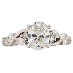 Estate: 14K White Gold Oval Diamond Floral Inspired Engagement Ring 1.75CTW
