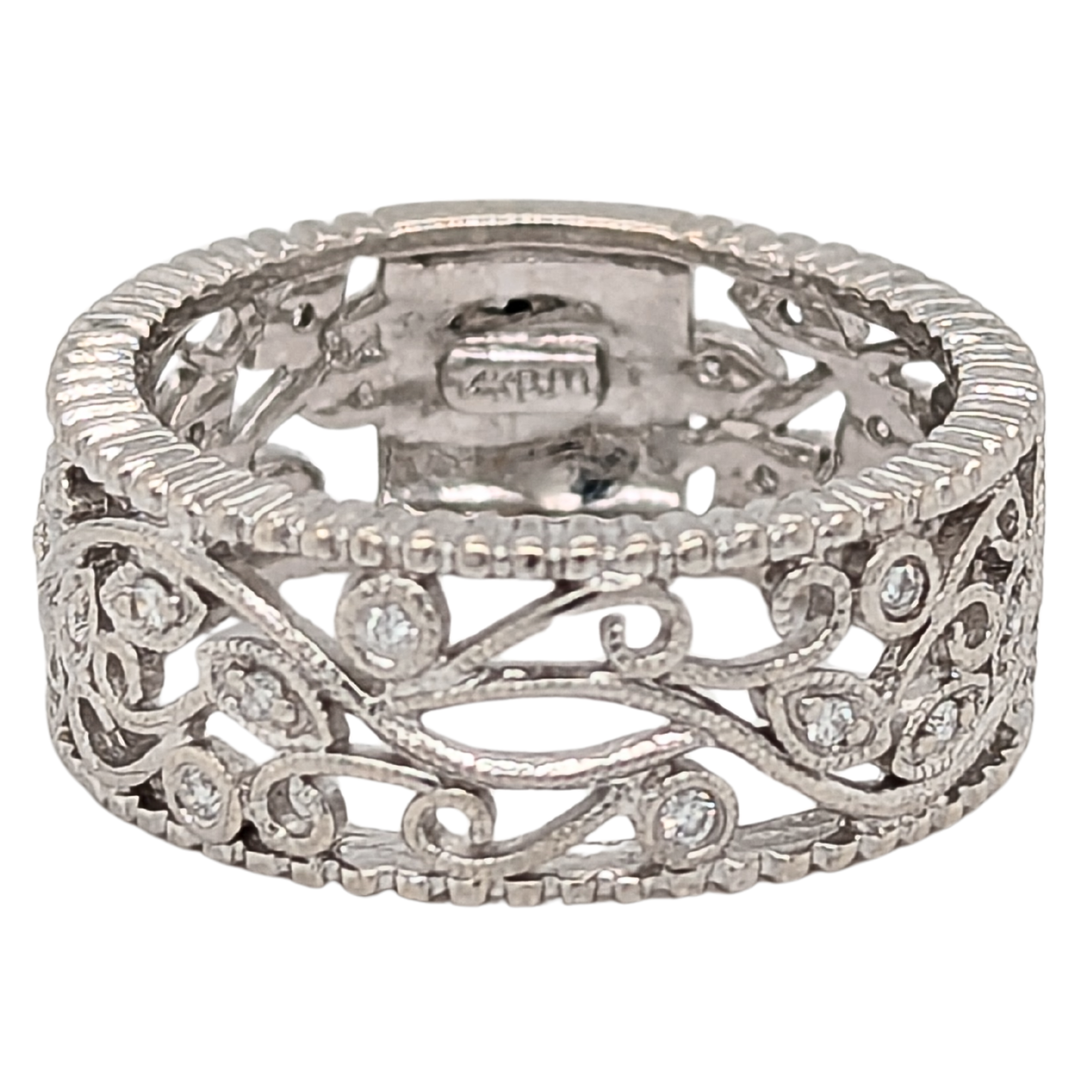 Estate: 14K White Gold Wide Filigree Floral Diamond Band