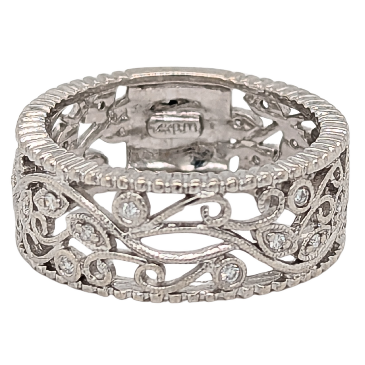 Estate: 14K White Gold Wide Filigree Floral Diamond Band