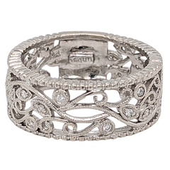 Estate: 14K White Gold Wide Filigree Floral Diamond Band