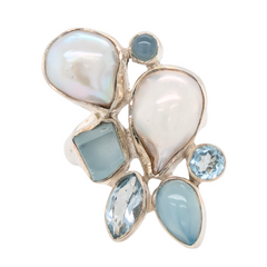 Sterling Silver Pearl & Blue Topaz Statement Ring