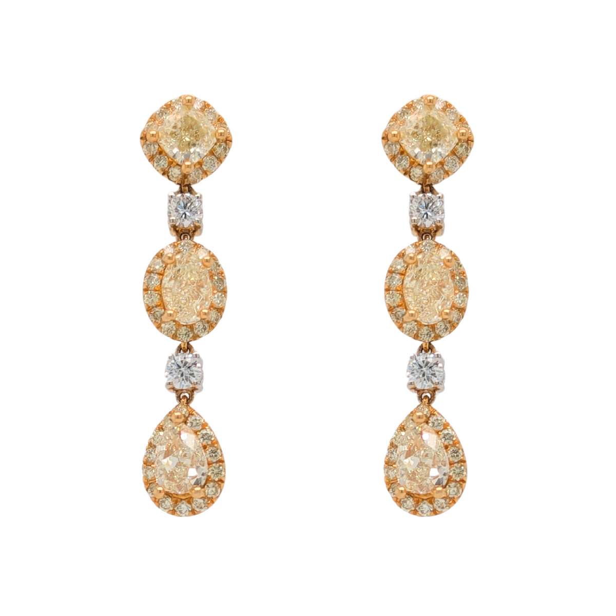 14K Two Tone Triple Yellow Diamond Dangle Earrings