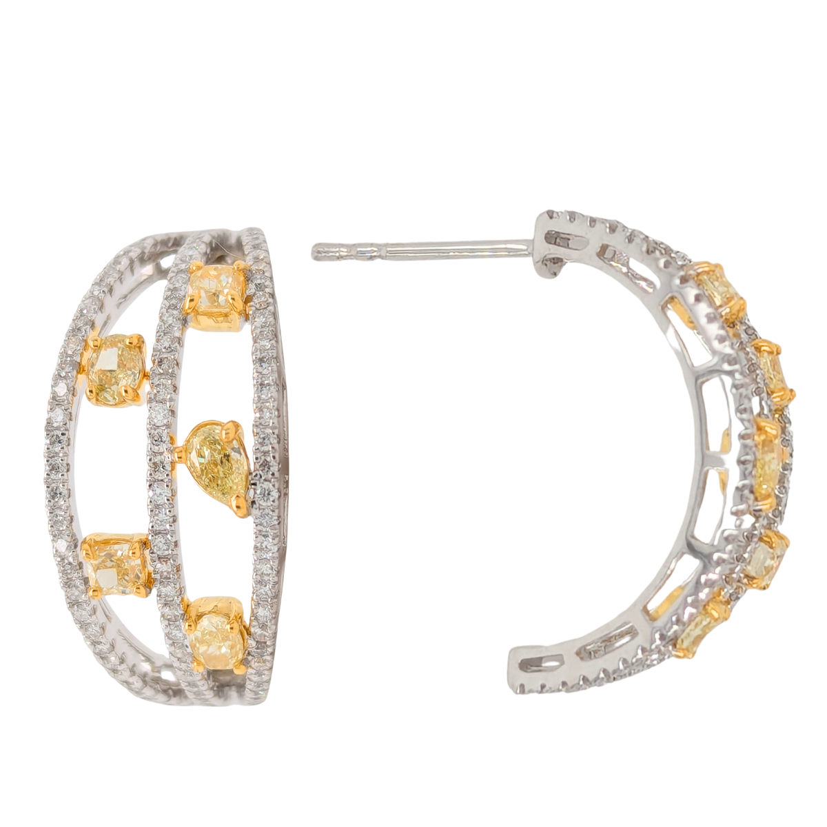 14K Two Tone Natural Yellow Diamond Mixed Shape J Hoop Earrings