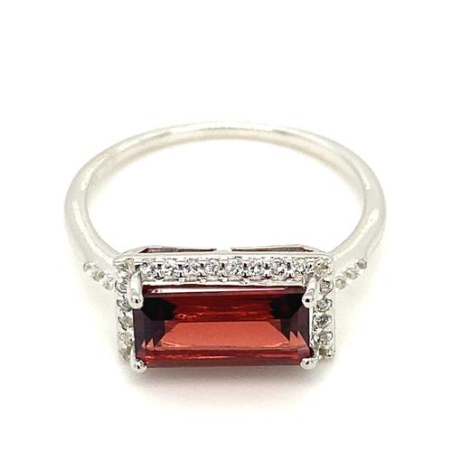 Sterling Silver Emerald Cut Garnet Ring with White Topaz Halo
