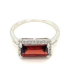 Sterling Silver Emerald Cut Garnet Ring with White Topaz Halo