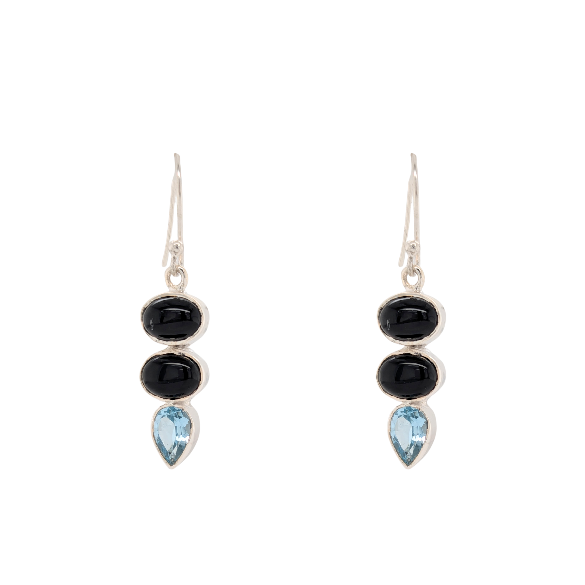Sterling Silver Black Onyx & Blue Topaz Dangle Earrings